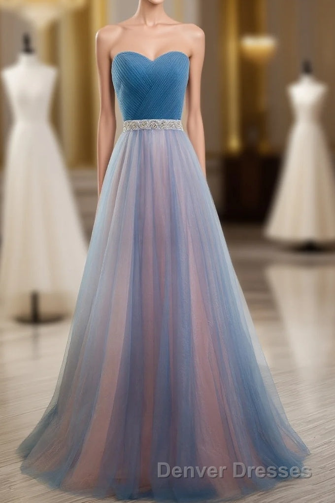 Sweetheart Blue Peach Tulle Strapless Long Pleated Sexy A Line With Beads Sashes Prom Dress Main image