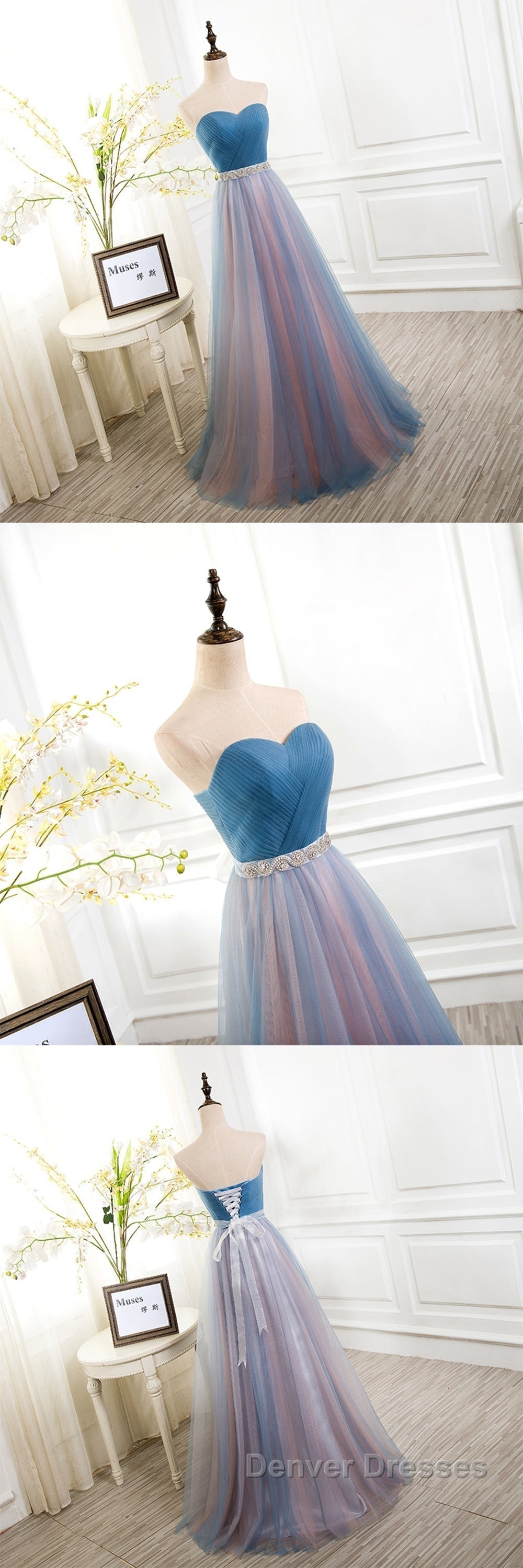 Sweetheart Blue Peach Tulle Strapless Long Pleated Sexy A Line With Beads Sashes Prom Dress Secondary image