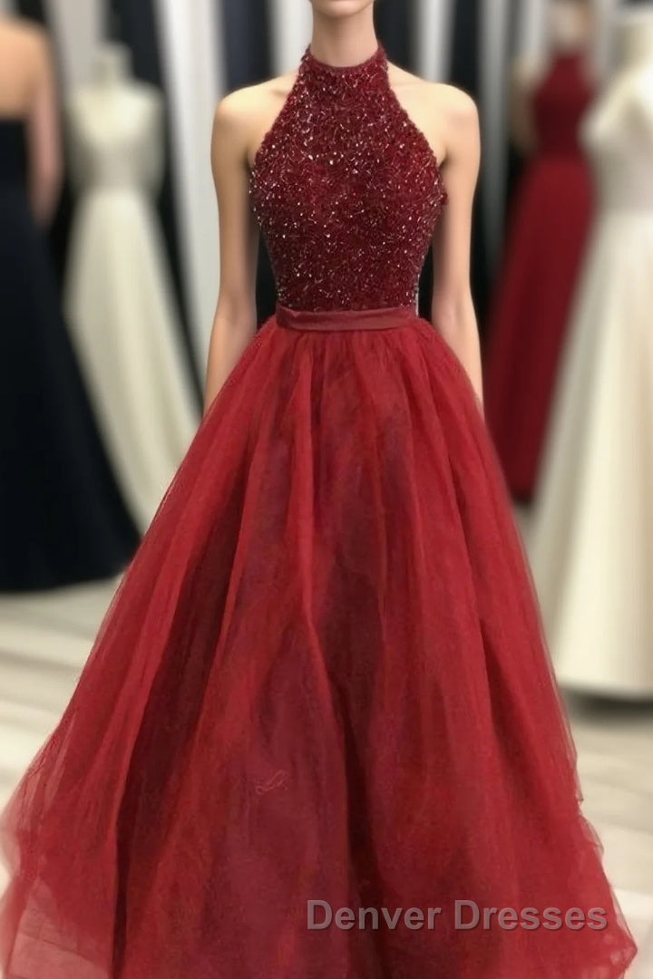 Charming Beading Long Red Halter Prom Dress Main image