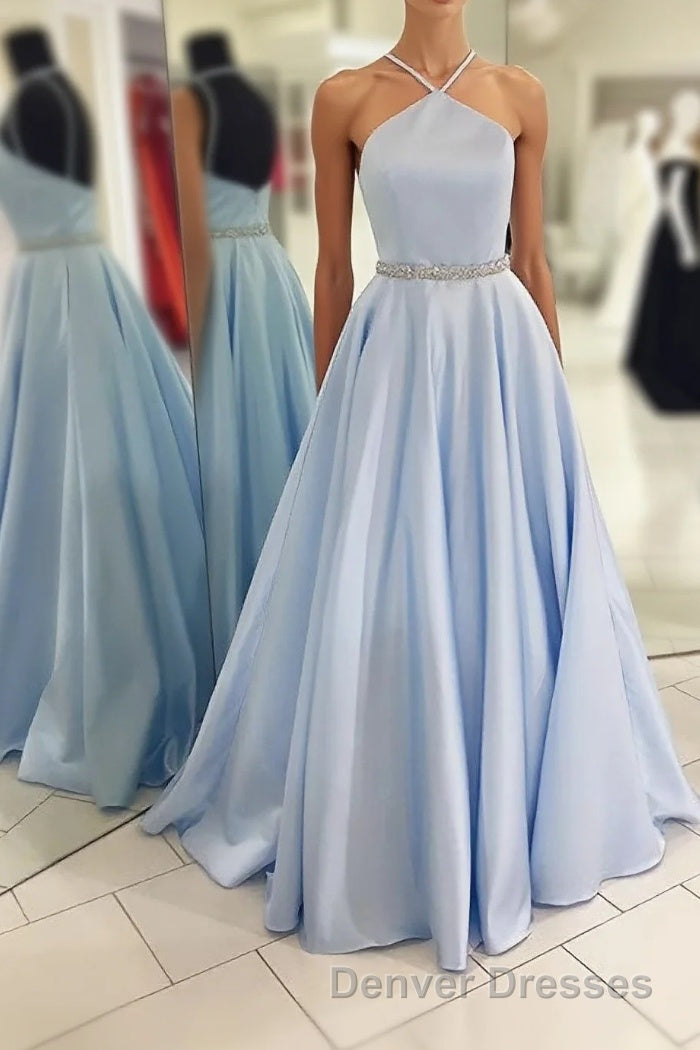 Backless Beading Spaghetti Straps A Line Light Blue Long Prom Dress Main image