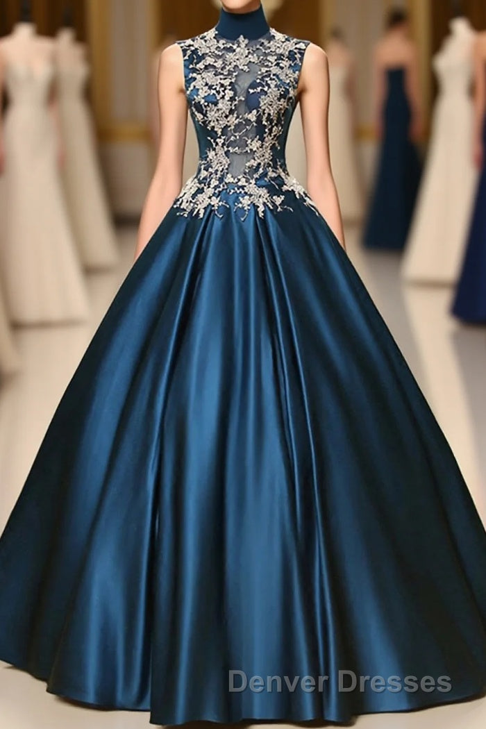 Blue Dreses Satins Lace Applique A Line Long Prom Dress Main image