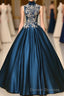 Blue Dreses Satins Lace Applique A Line Long Prom Dress