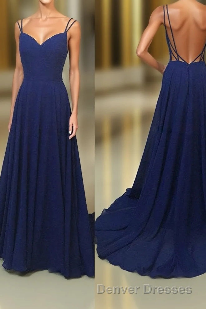 Simple A Line Spaghetti Straps Backless Royal Blue Long Prom Dress Main image