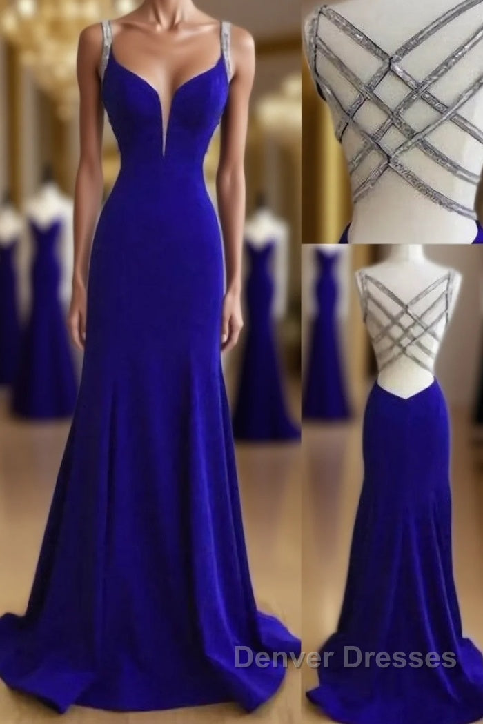 Sexy Mermaid Spaghetti Straps Royal Blue Long With Beading Sexy Prom Dress Main image