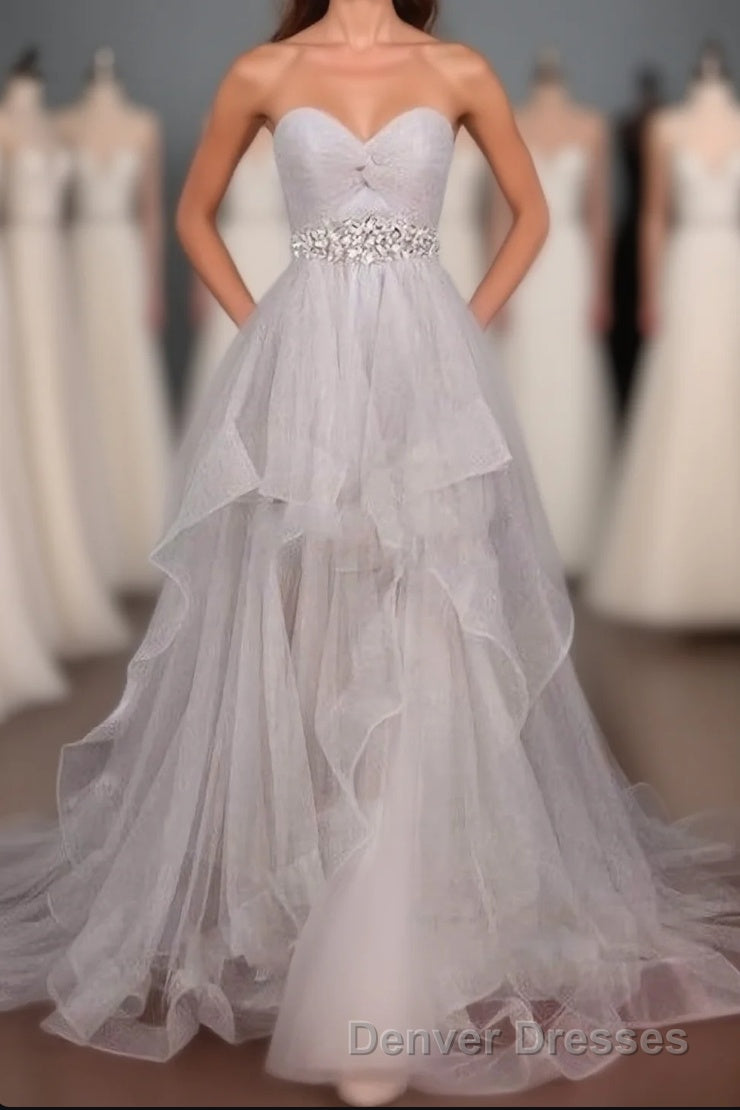 2024 Custom Made Silver Sweetheart Beading Layered Sleeveless Pegeant Prom Dress