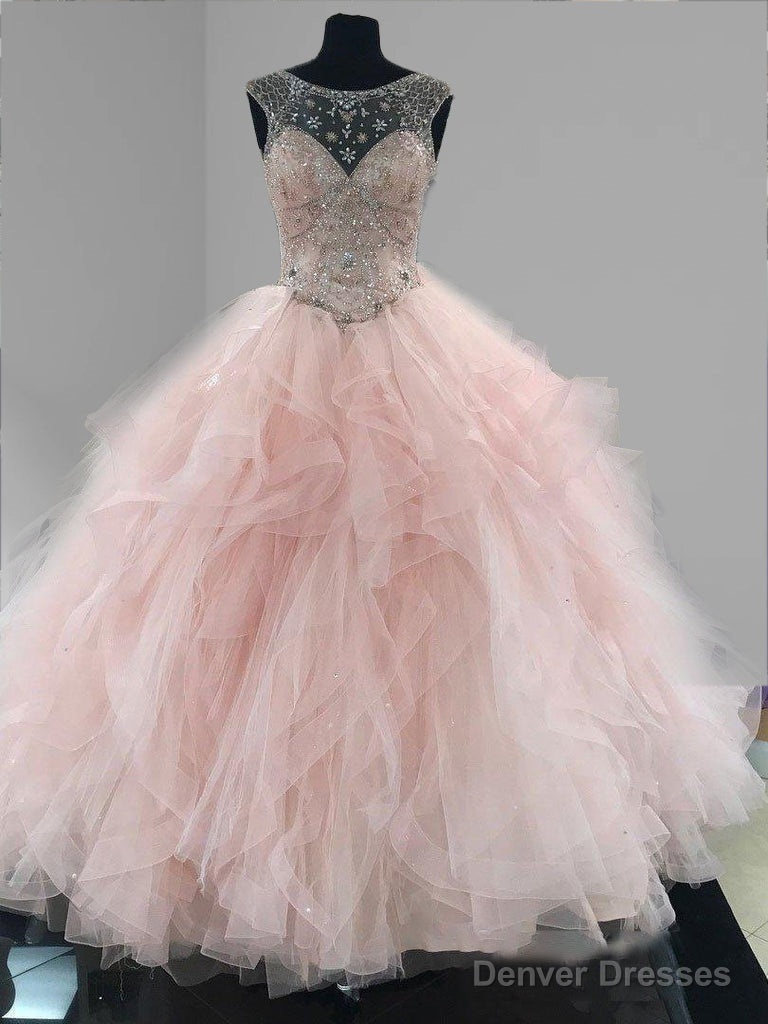 Prom Ball Gown See Through Neck Tulle Light Pink Quinceanera Dresses Main image
