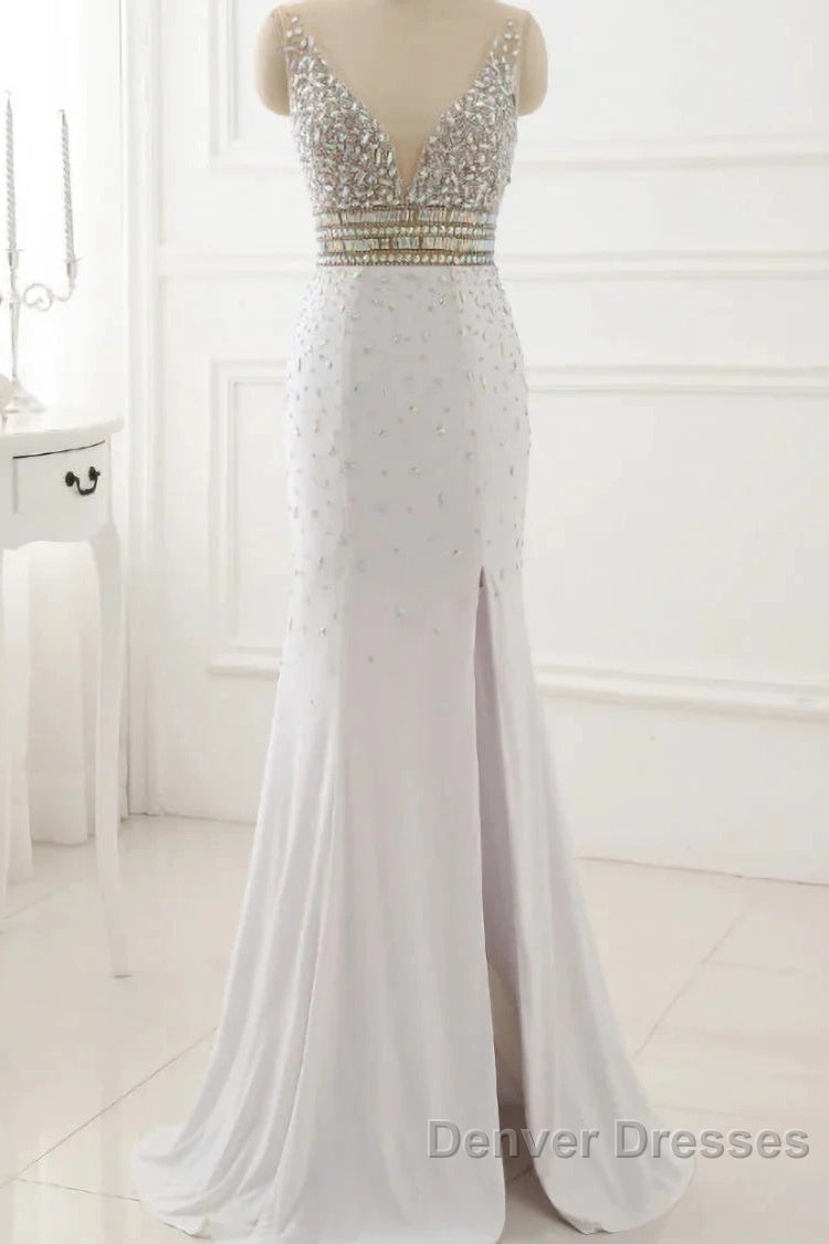 Prom Dress Evening Party Gowns Long Sexy High Slit Chiffon Crystal