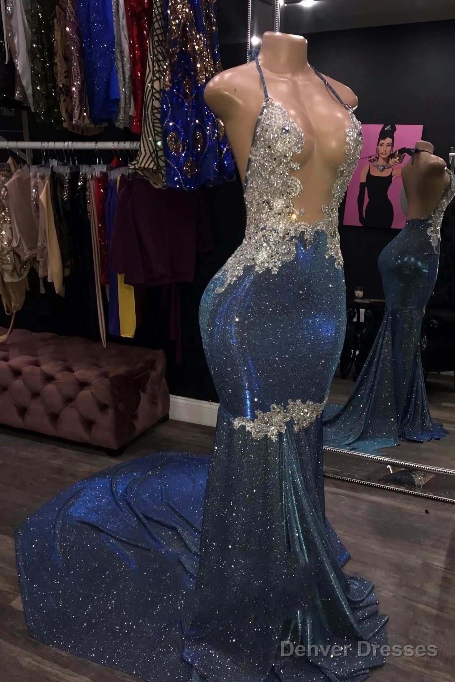 Long Halter Sheath Blue Open Front Backless Prom Dresses Secondary image