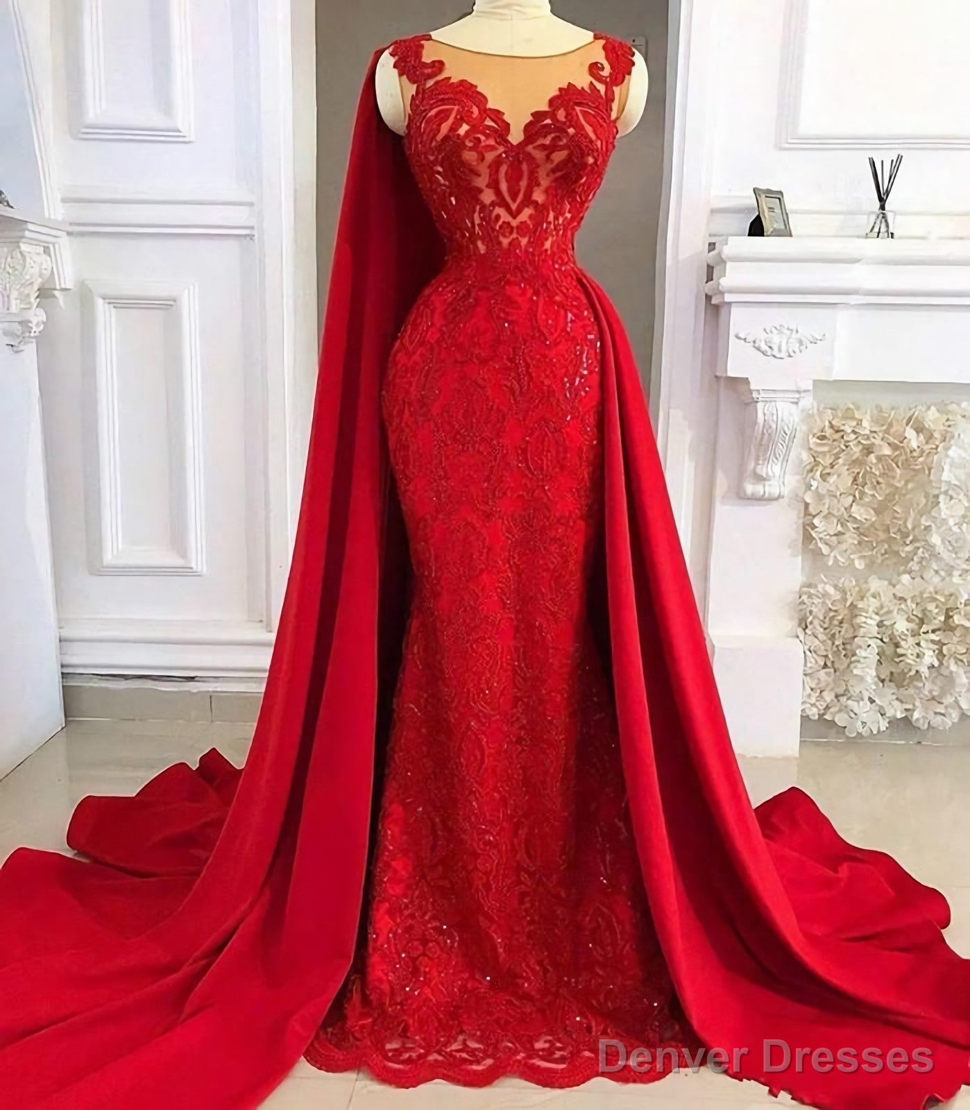 Tulle Red With Appliques Satin Sheath Long Prom Dresses Main image