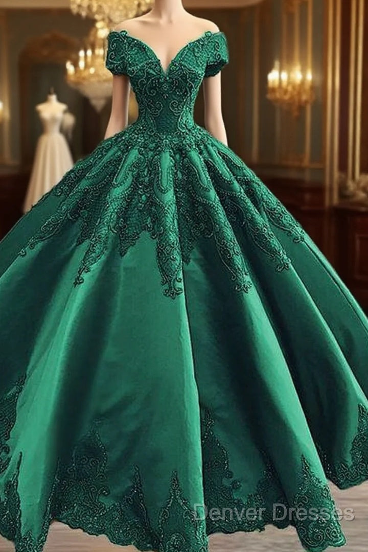 Prom Dress Elegant Green Satin Ball Gown Wedding Dress Lace Embroidery Beaded Off The Shoulder For Bridal Party