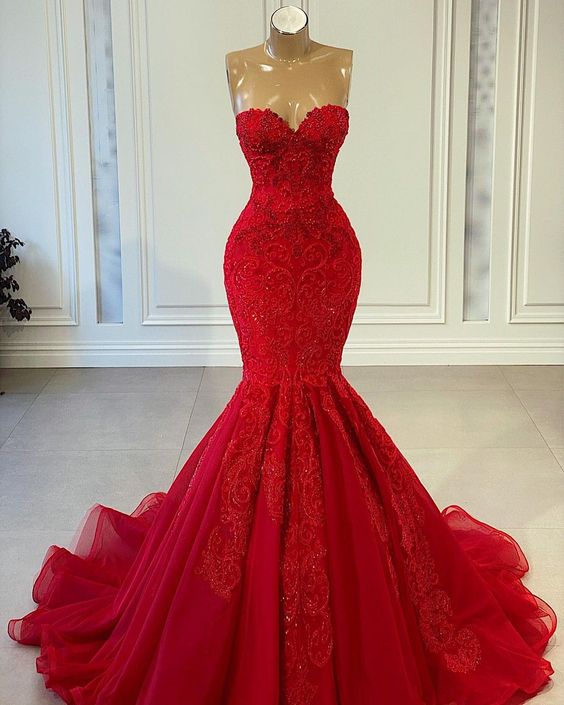 Prom Dress, Lace Prom Dress, Red Prom Dress,  Evening Dress Main image