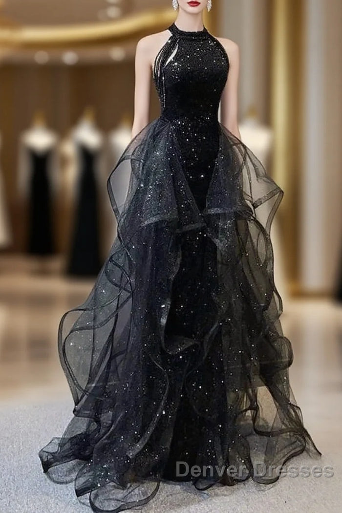 Prom Dress Sparkle & Shine Dress Wedding Partysleeveless Halter Wednesday Addams Family Sequined With Crystals Sequin Ruffles