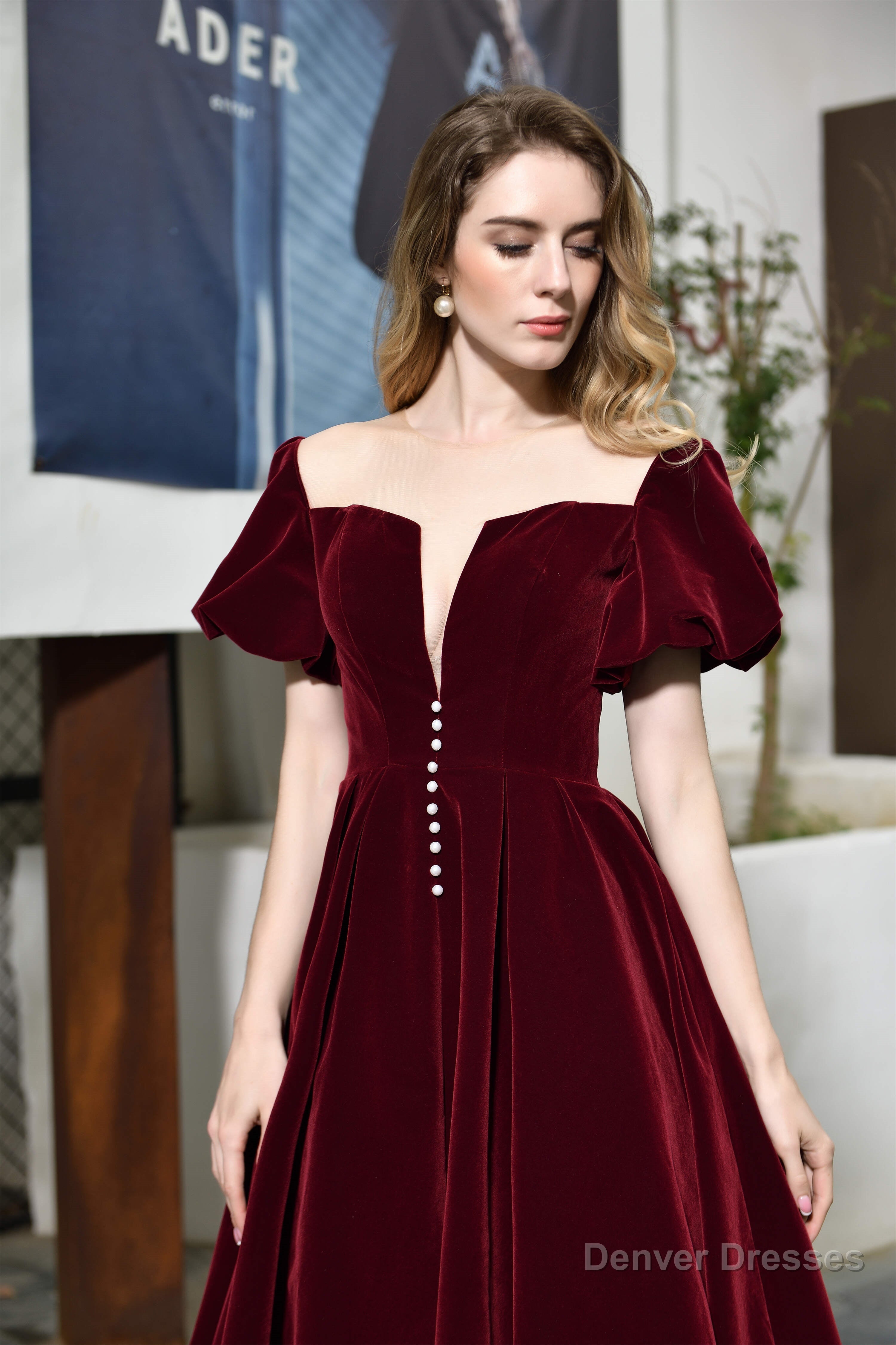 Puff Sleeve Ankle Length Velvet Deep V-Neck Vintage Prom Dresses