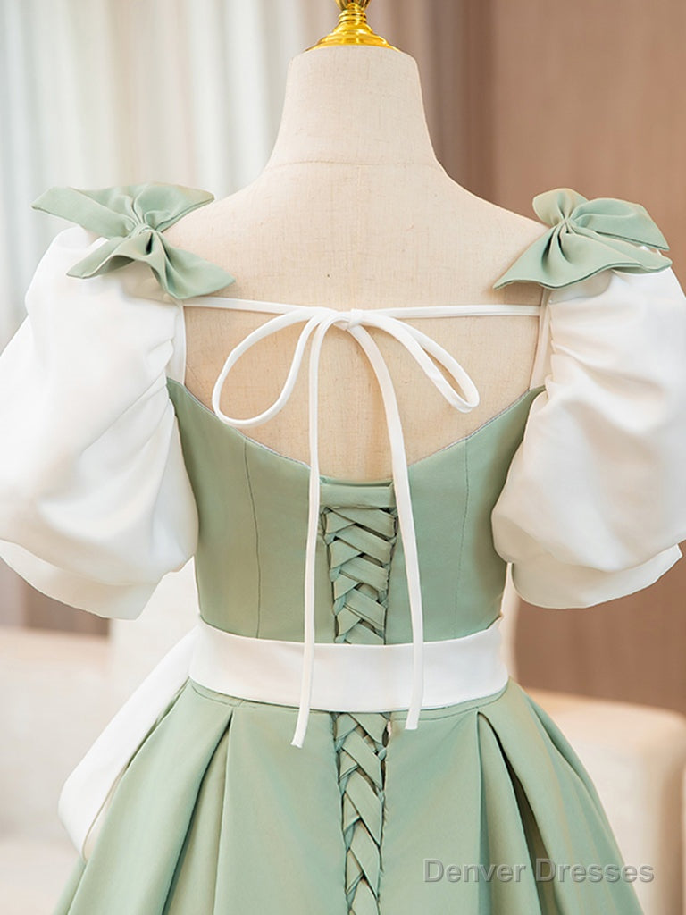 Puff  Sleeves A-line Satin Green/White Long Prom Dress, Green Long Formal Dress