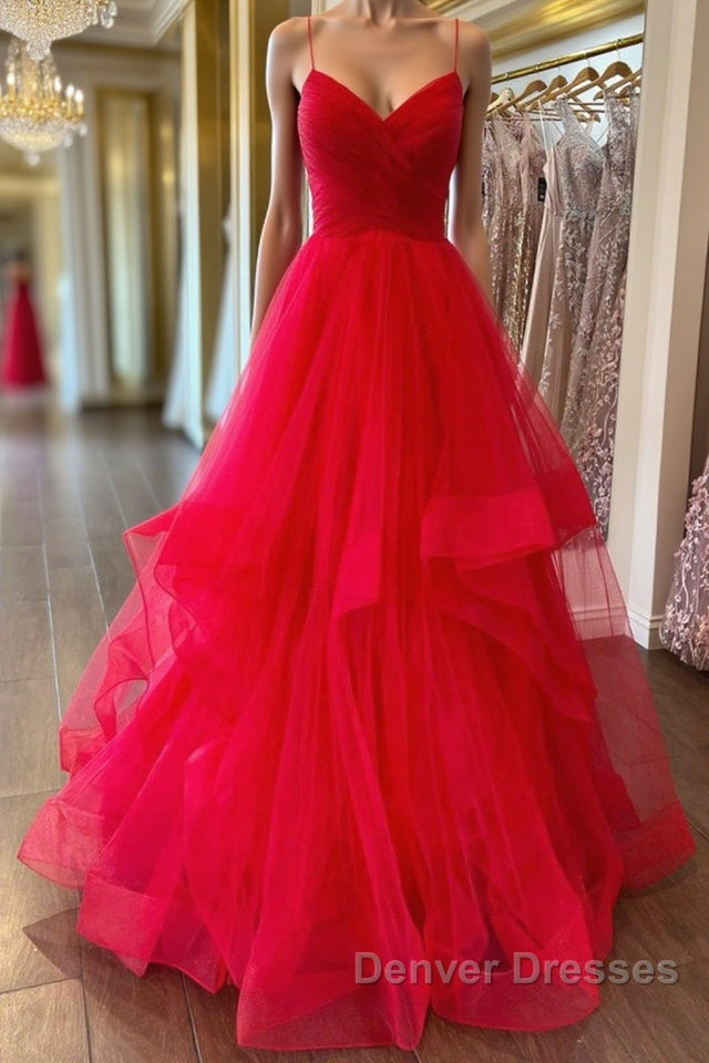 Puffy Red Tulle V Neck Long Prom Dress, V Neck Red Formal Dress, Red Evening Dress