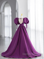 Puffy Sleeve Backless Satin Purple Backless Prom Dress