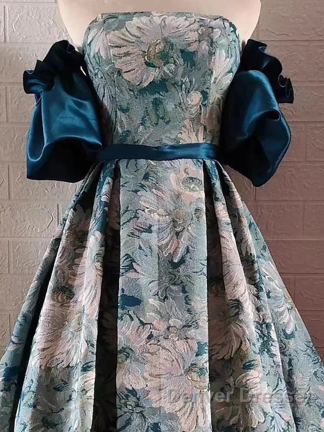 Puffy Sleeves Print Blue Quinceanera Prom Dress