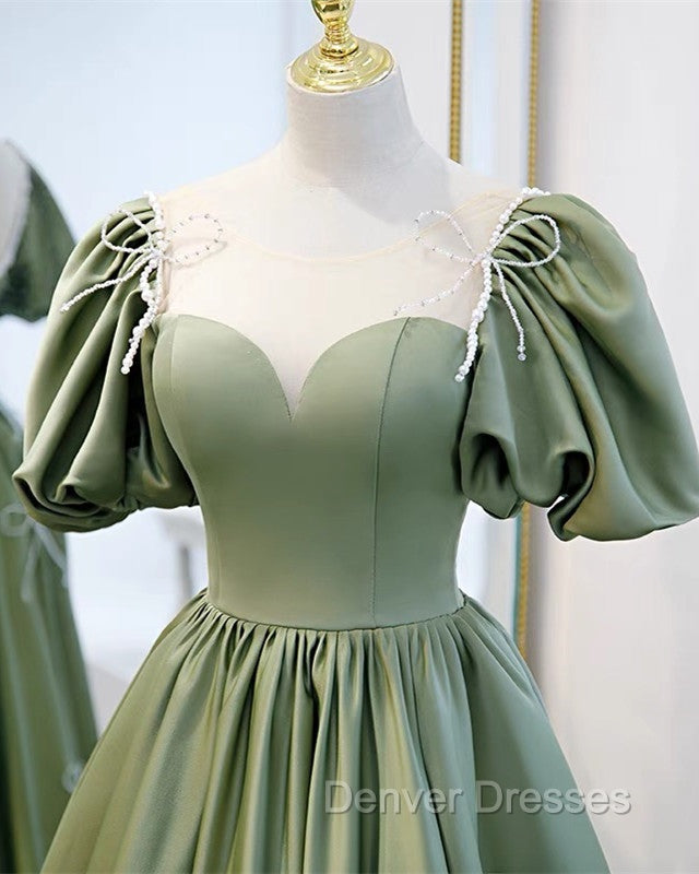 Puffy Sleeves Satin Bridesmaid Dress Long