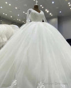 Puffy Wedding Dress Ball Gown Tulle V Neck Lace Sleeves