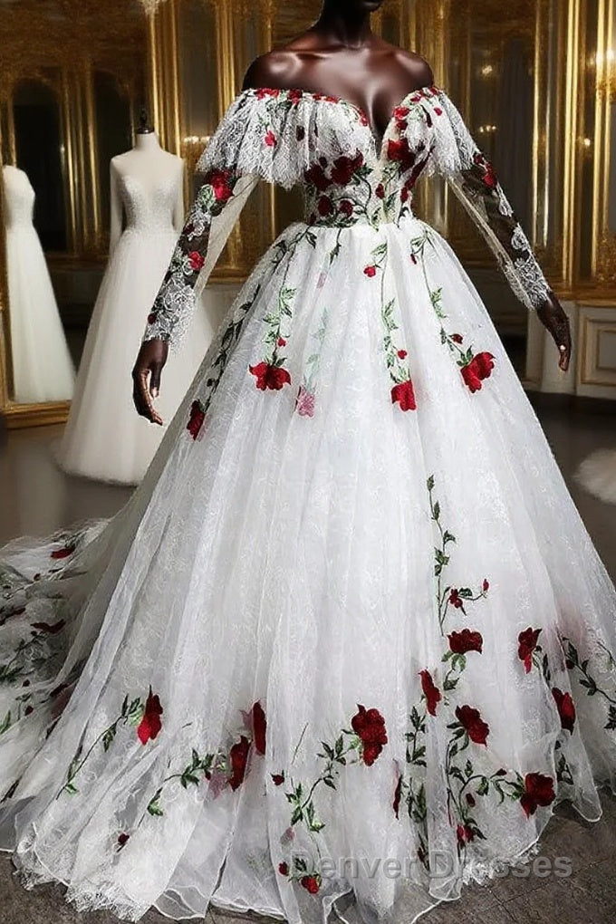 Puffy Long Sleeves Off the Shoulder Lace Tulle Prom Dress with Appliques