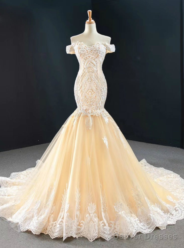 Purchase Your Favorite Champagne Mermaid Tulle Appliques Beading Off the Shoulder Prom Dress Main image