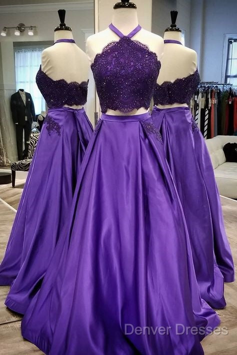 Purple 2 Piece Lace Prom Dress Halter Long Evening Gowns With Pockets Secondary image