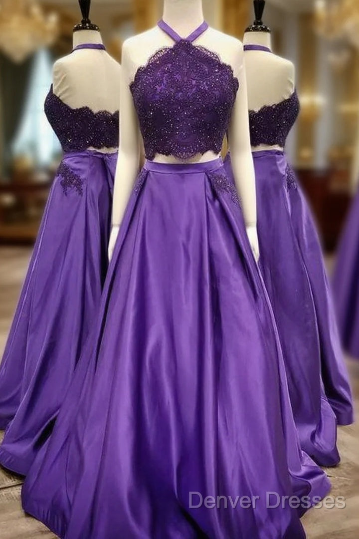 Purple 2 Piece Lace Prom Dress Halter Long Evening Gowns With Pockets Main image