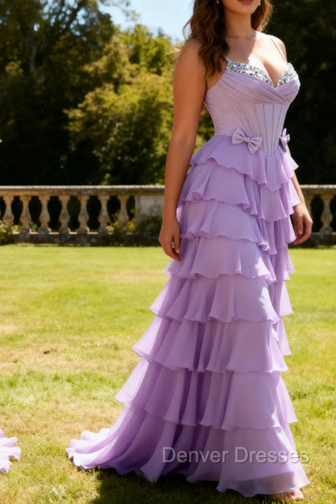 Purple A-Line Beaded Corset Tiered Ruffle Long Prom Dress with Lace Up Back