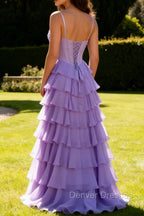 Purple A-Line Beaded Corset Tiered Ruffle Long Prom Dress with Lace Up Back