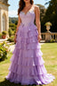 Purple A-Line Beaded Corset Tiered Ruffle Long Prom Dress with Lace Up Back
