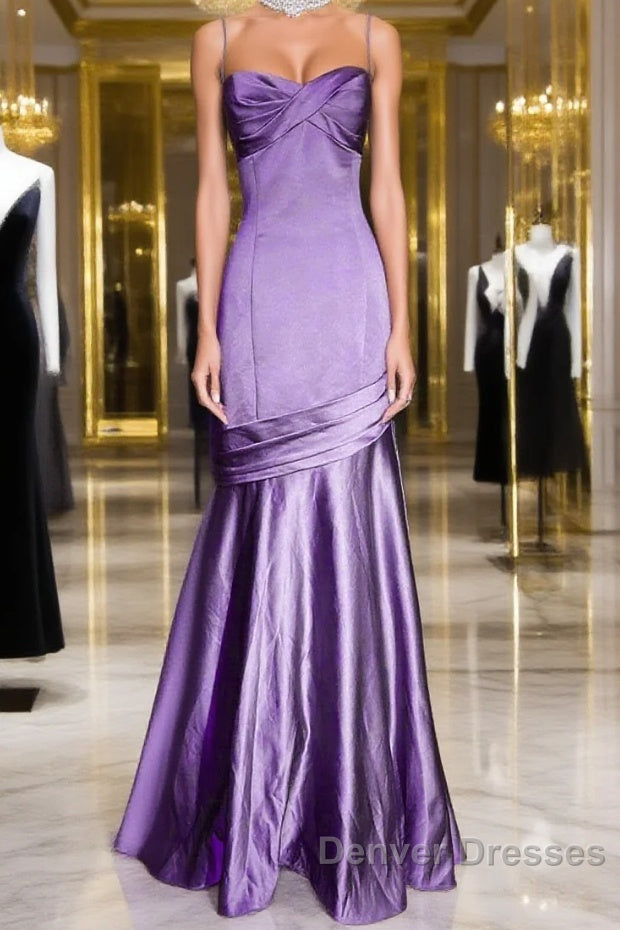 Purple A-Line Mermaid Straps Evening Dress, Purple Satin Prom Dress Formal Dress Main image