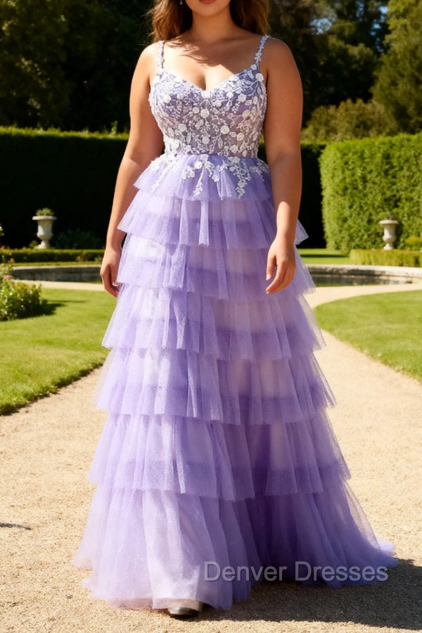 Purple A-Line Sequins Tulle Corset Tiered Long Prom Dress with Lace Up Back Secondary image