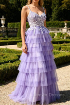 Purple A-Line Sequins Tulle Corset Tiered Long Prom Dress with Lace Up Back