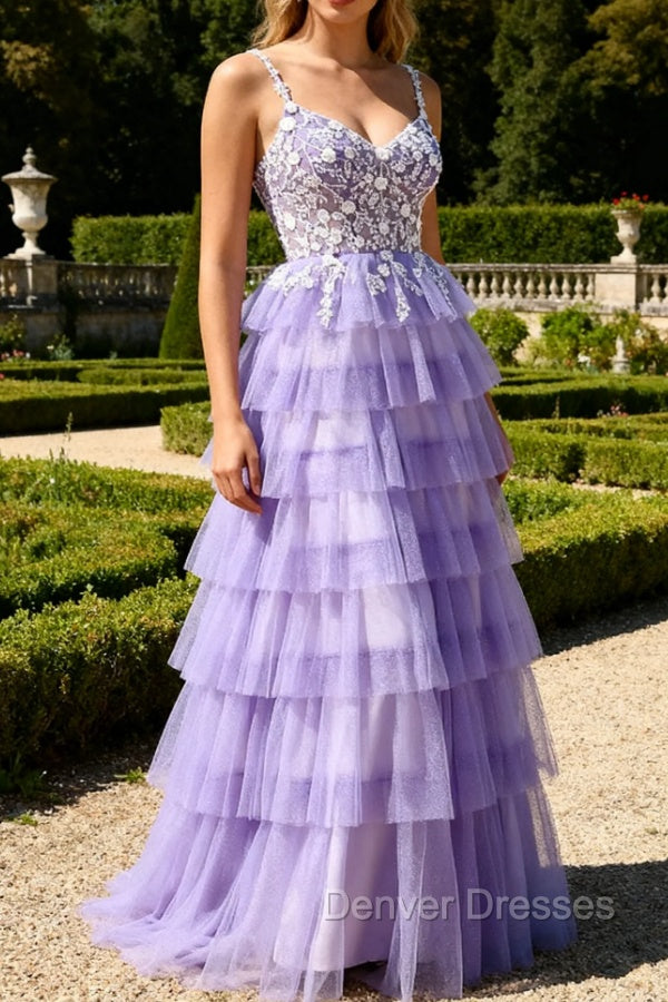 Purple A-Line Sequins Tulle Corset Tiered Long Prom Dress with Lace Up Back