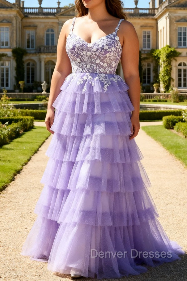 Purple A-Line Sequins Tulle Corset Tiered Long Prom Dress with Lace Up Back Main image