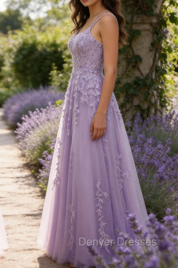 Purple A-Line Spaghetti Straps Long Prom Dress with Appliques Secondary image