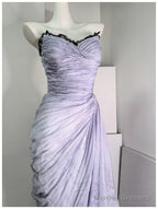 Purple A-Line Strapless Chiffon Pleated Long Prom Dress Chic Lace Graduation Prom Dress