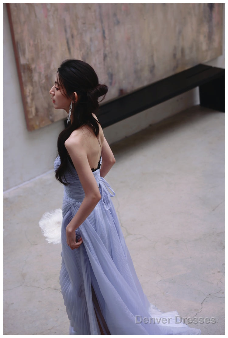 Purple A-Line Strapless Chiffon Pleated Long Prom Dress Chic Lace Graduation Prom Dress