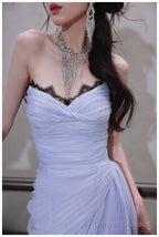 Purple A-Line Strapless Chiffon Pleated Long Prom Dress Chic Lace Graduation Prom Dress