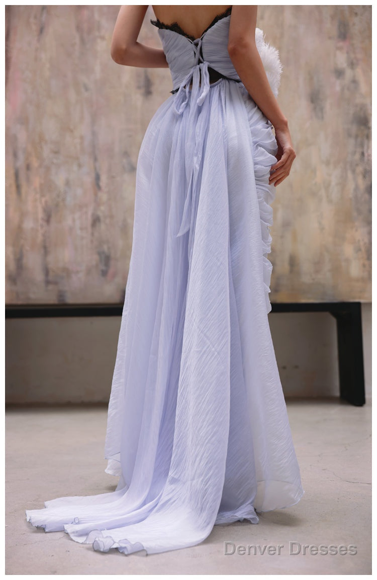 Purple A-Line Strapless Chiffon Pleated Long Prom Dress Chic Lace Graduation Prom Dress