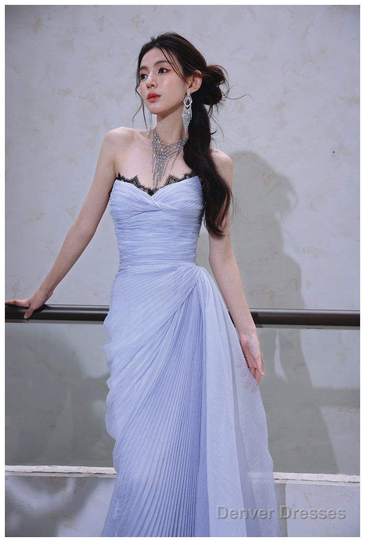Purple A-Line Strapless Chiffon Pleated Long Prom Dress Chic Lace Graduation Prom Dress