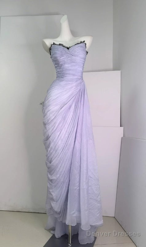 Purple A-Line Strapless Chiffon Pleated Long Prom Dress Chic Lace Graduation Prom Dress