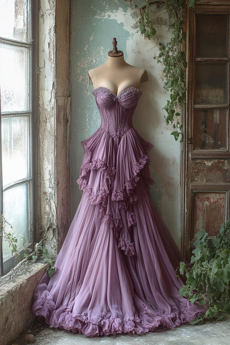 Purple A-Line Sweetheart Neck Tulle Beaded Long Prom Dress, Vintage Formal Dress Main image