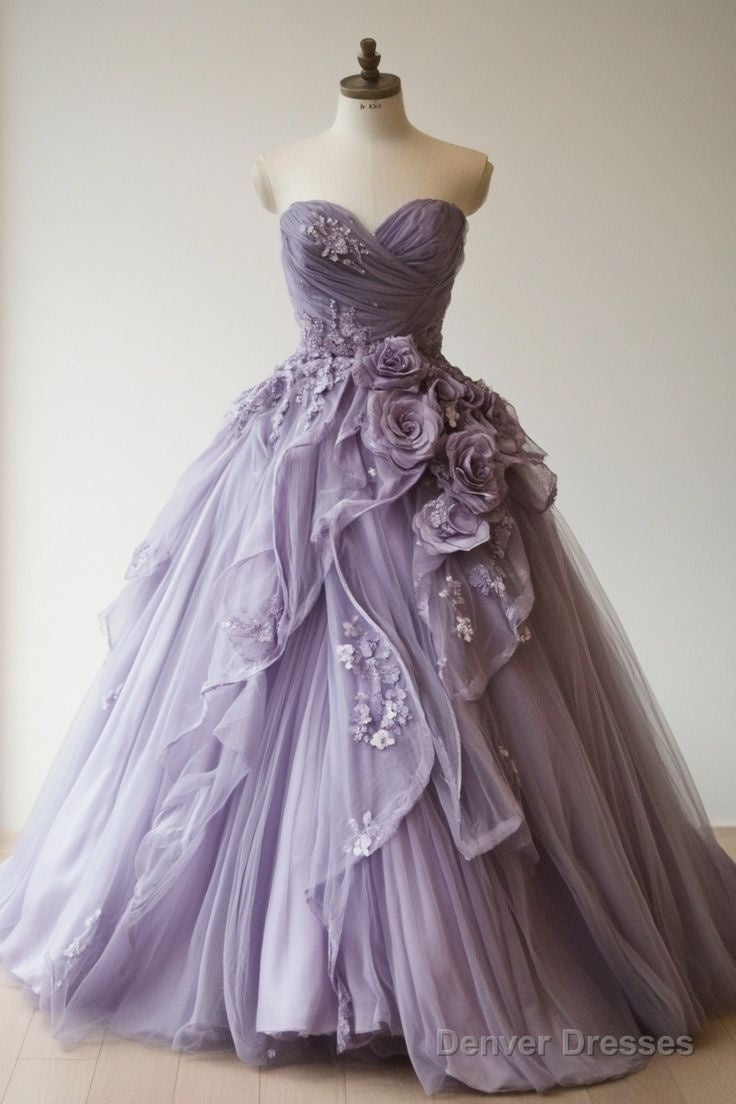 Purple A-Line Sweetheart Tulle Applique Long Prom Dress Sweet Evening Dress Main image
