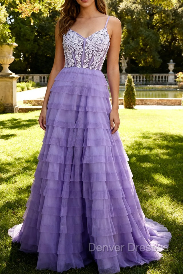 Purple A Line Tiered Beaded Corset Long Prom Dress with Slit Main image
