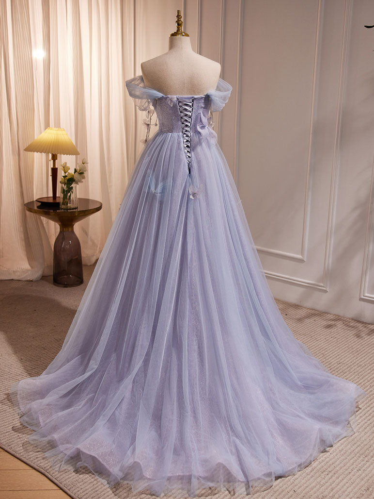 Purple A-Line Tulle Long Prom Dress, Off Shoulder Purple Graduation Dress