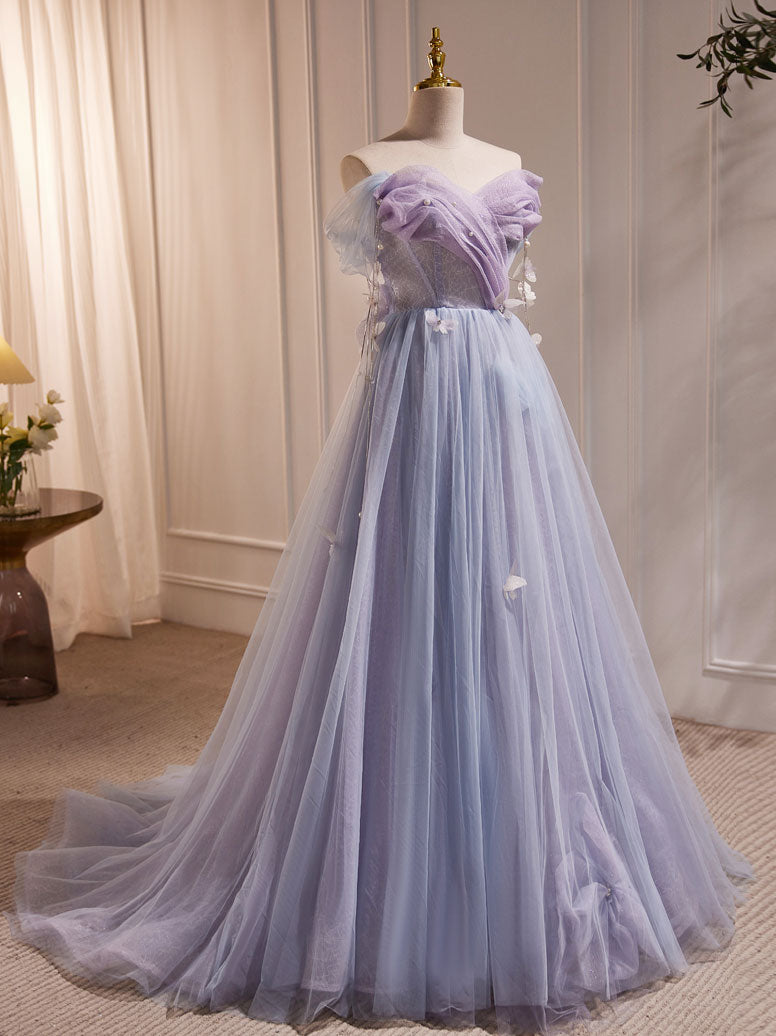 Purple A-Line Tulle Long Prom Dress, Off Shoulder Purple Graduation Dress