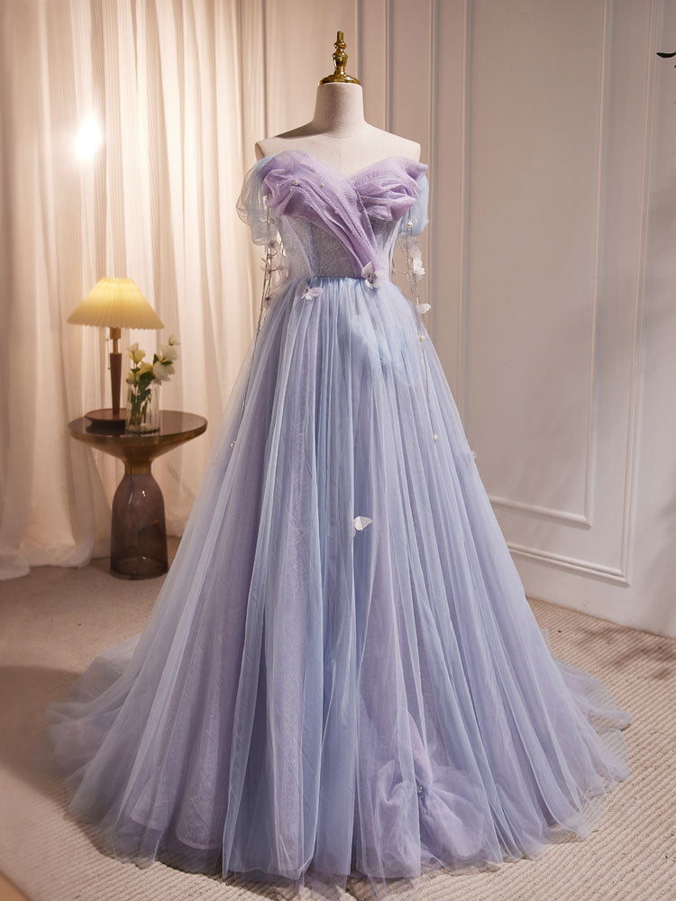 Purple A-Line Tulle Long Prom Dress, Off Shoulder Purple Graduation Dress
