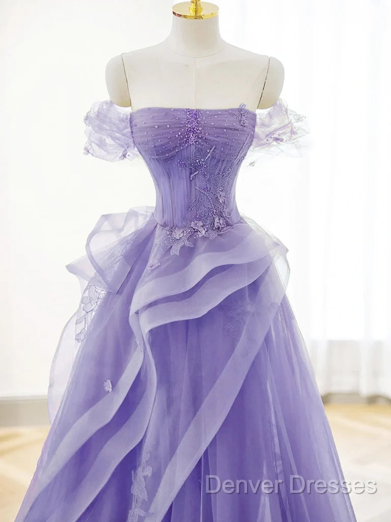 Purple A-Line Tulle Off Shoulder Long Prom Dress, Purple Lace Evening Dress Secondary image