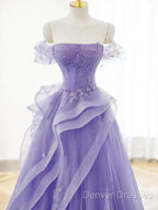 Purple A-Line Tulle Off Shoulder Long Prom Dress, Purple Lace Evening Dress